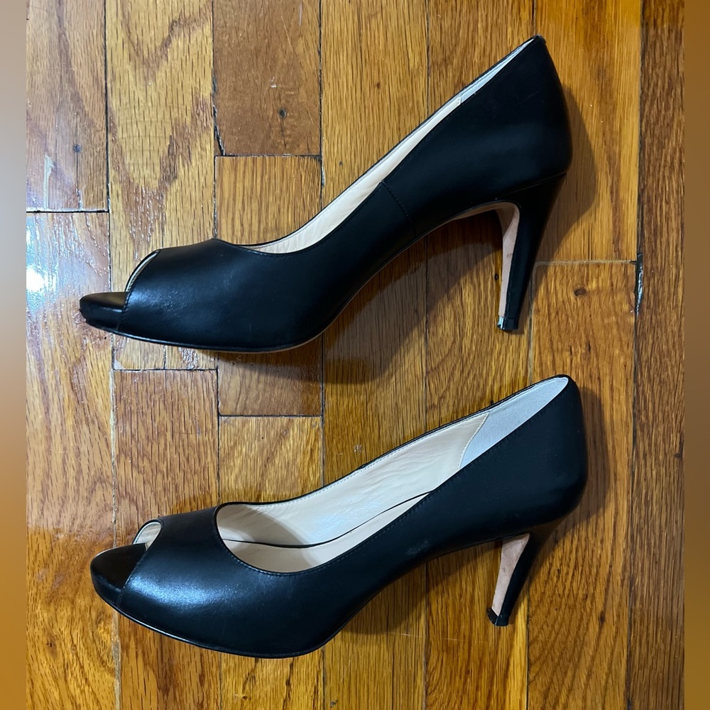 7 1/2 (7.5) black leather peep toe 3 inch pumps from Cole Haan.